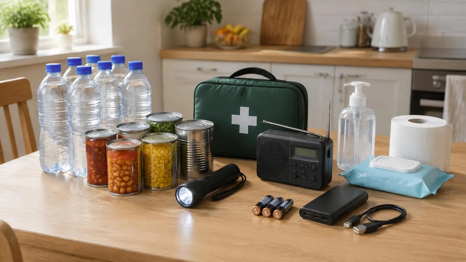 Three-day household emergency kit with bottled water, tinned food, torch, radio, power bank and first aid supplies.
