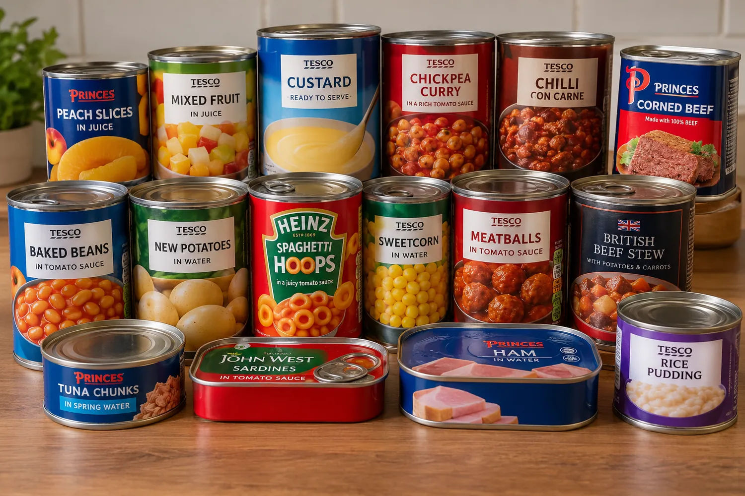 Selection of tinned foods for an emergency food supply, including baked beans, potatoes, meatballs, fish, fruit and rice pudding.